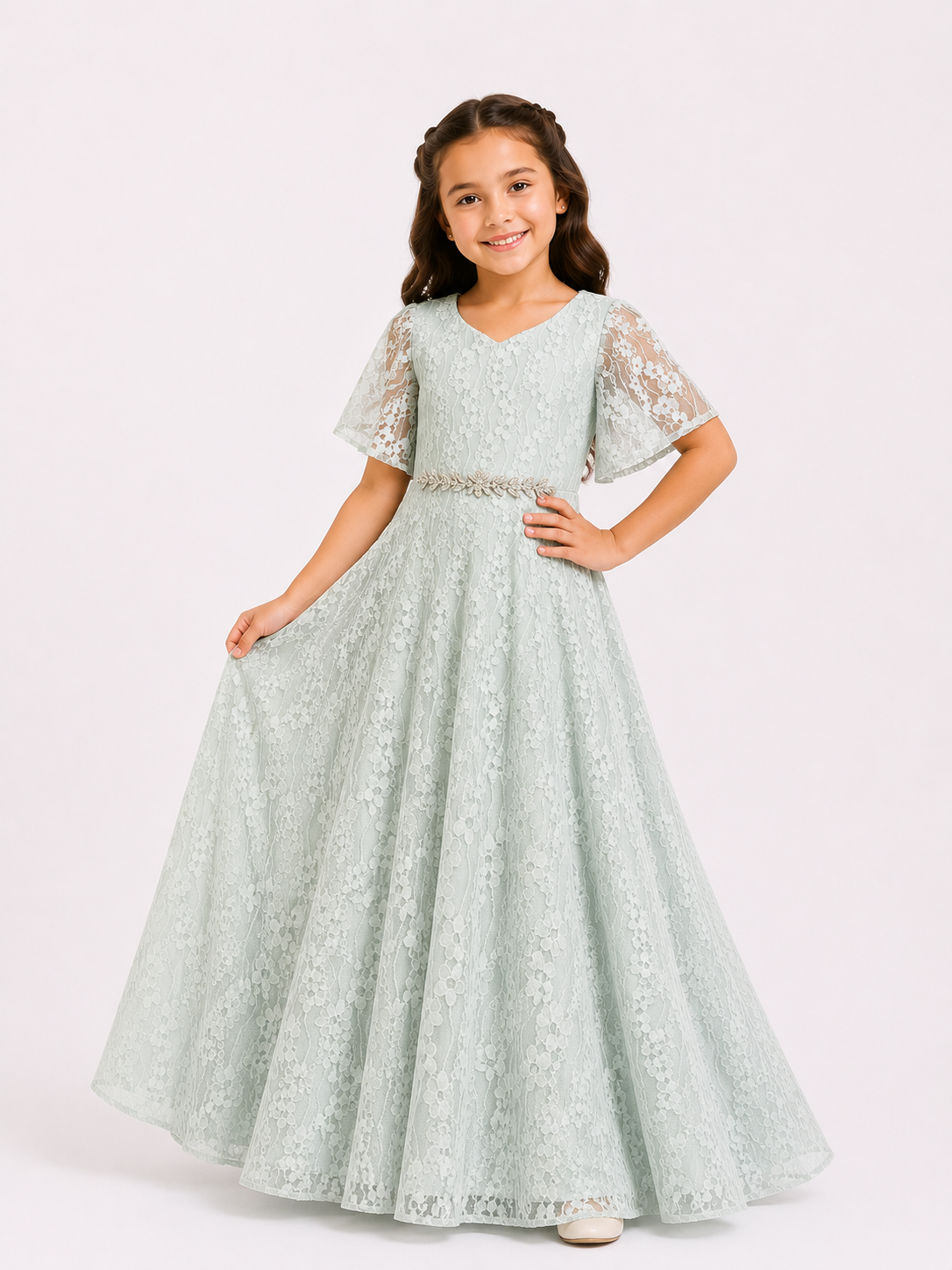 Floral Line Embroidered Lace Gown