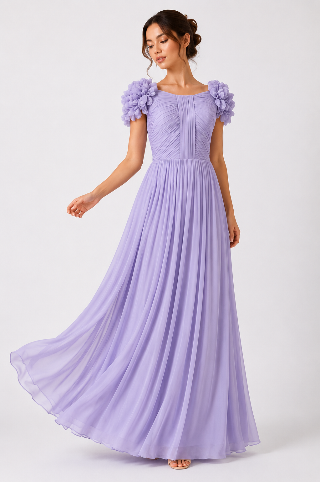 Lavender Blossom Pleated Chiffon Maxi Gown
