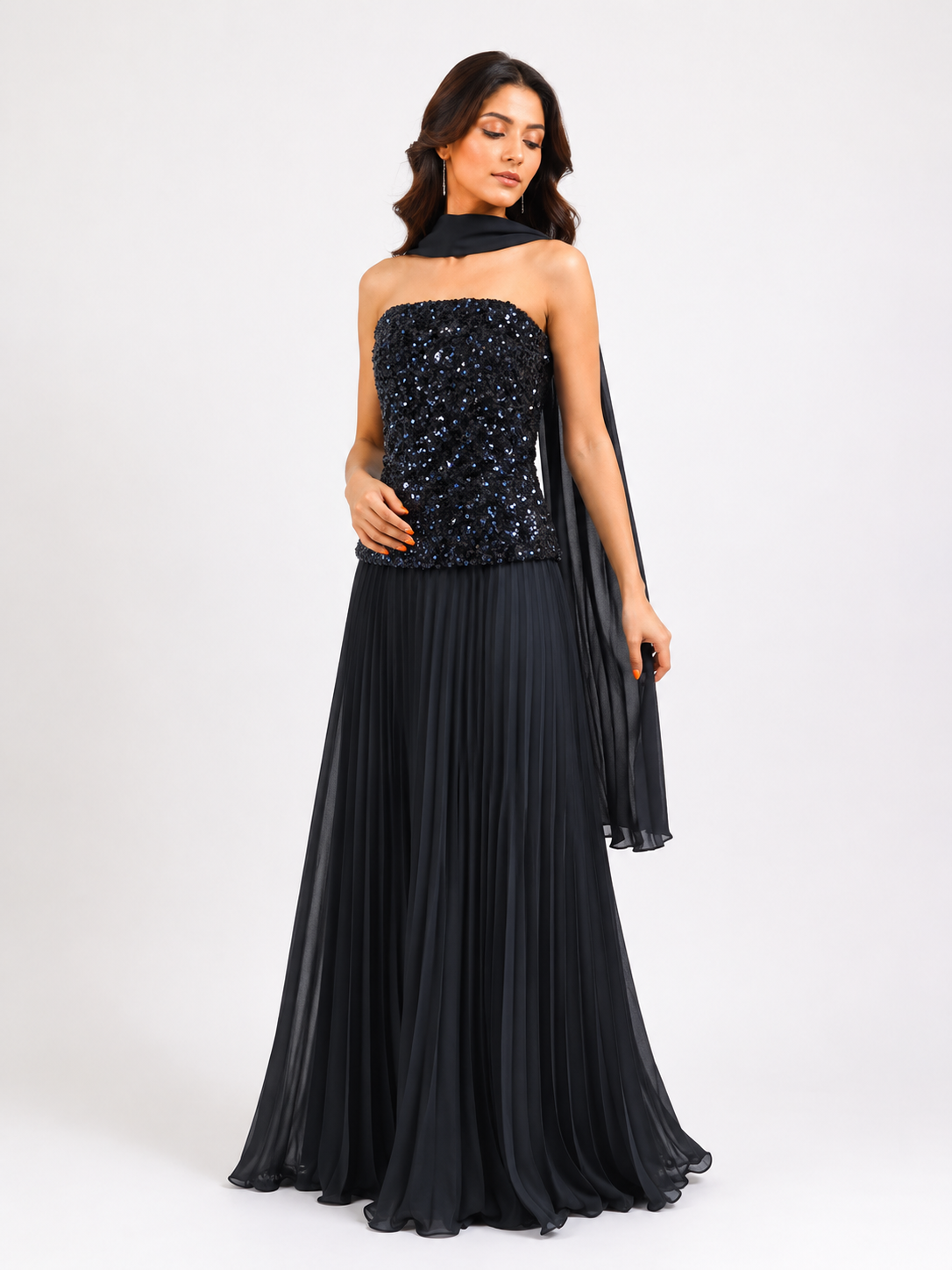 Strap Sequin Pleated Evening Gown