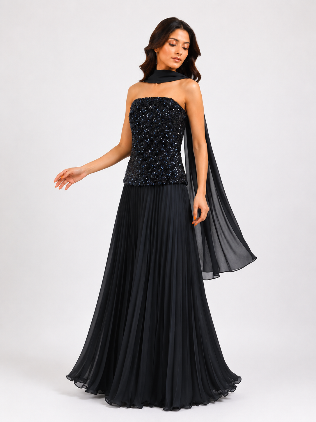 Strap Sequin Pleated Evening Gown