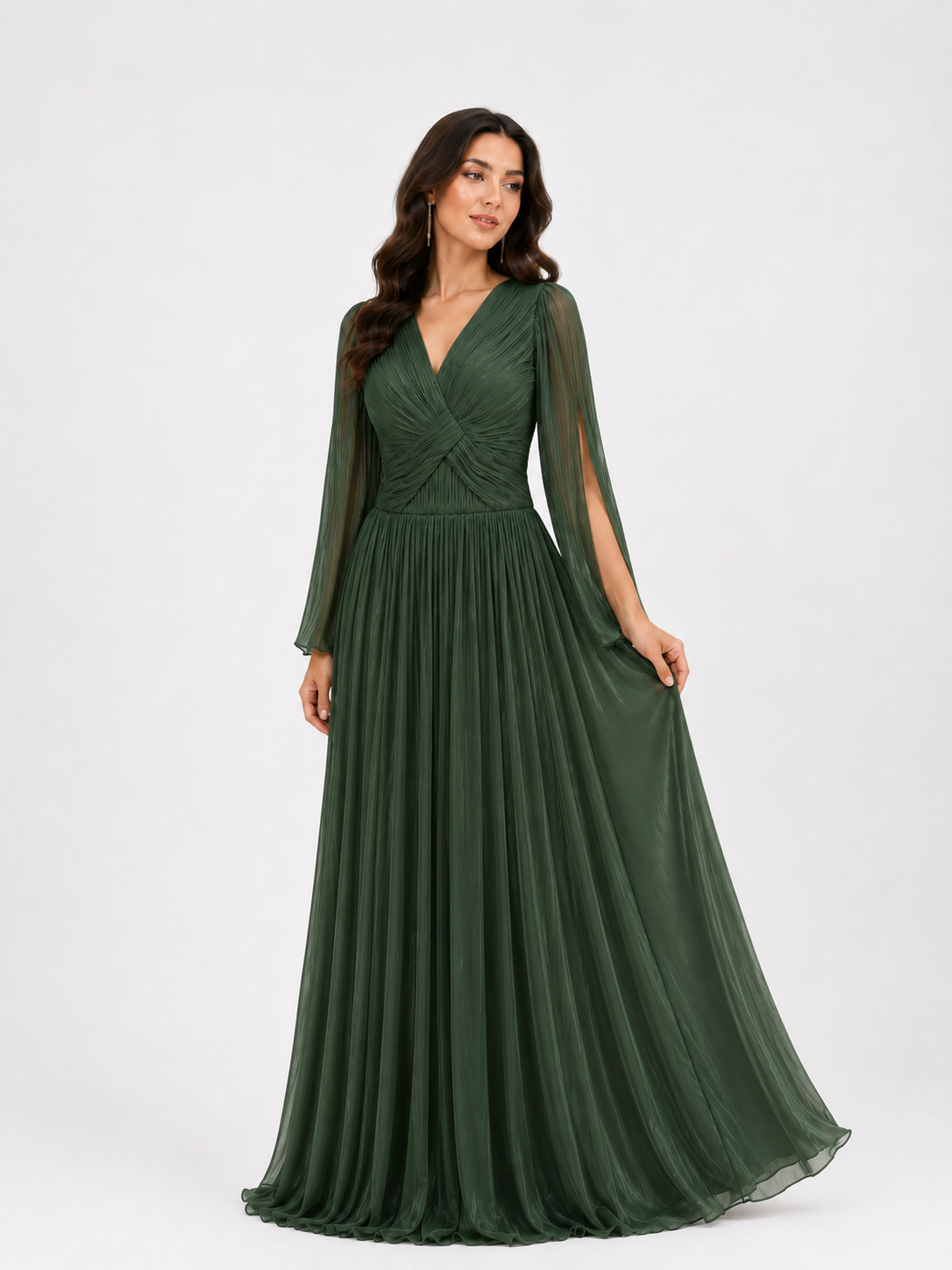 Emerald Pleated V-Neck Maxi Gown