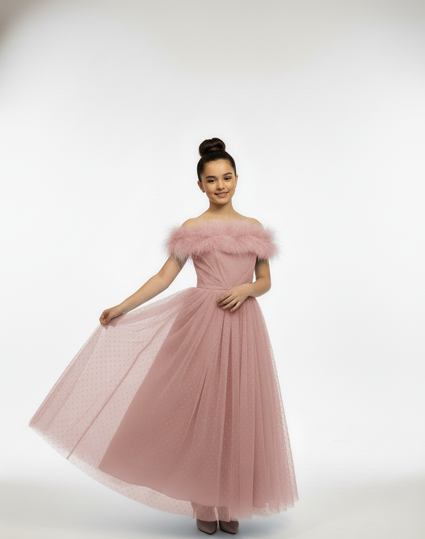 Off-Shoulder Feather Trim Tulle Gown