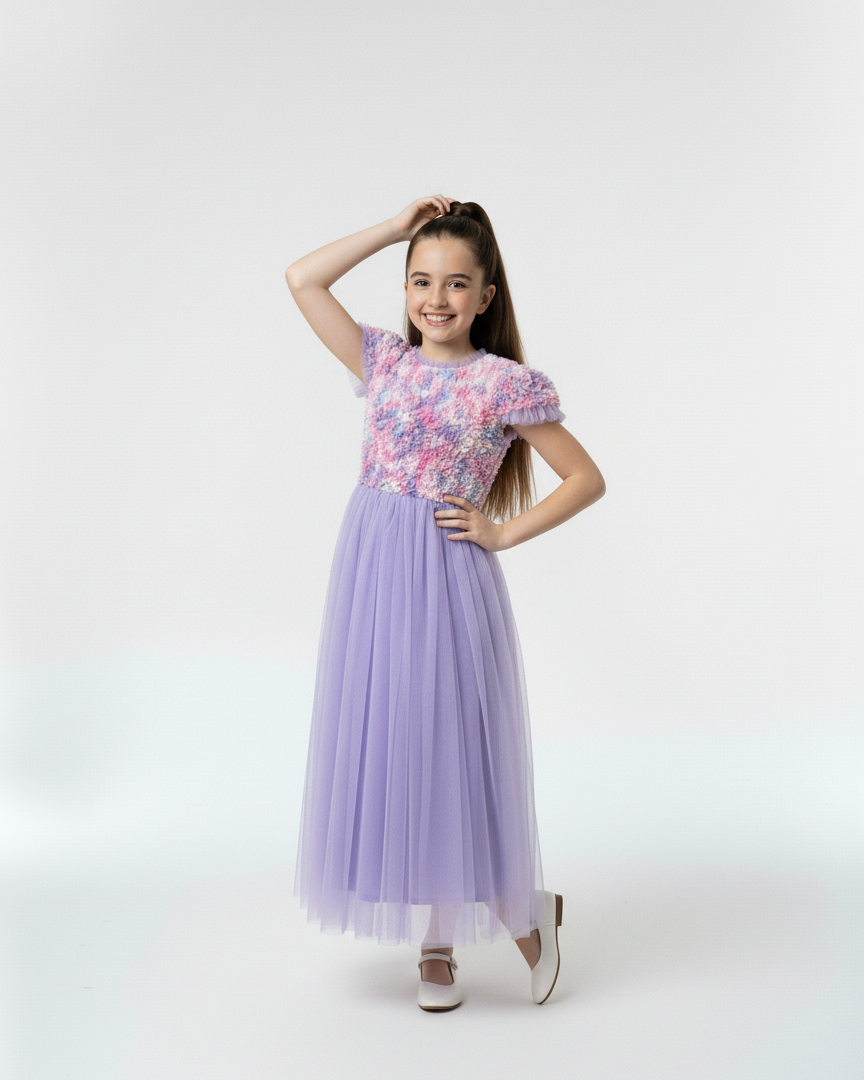 Girls Lavender 3D Floral Tutu Dress,