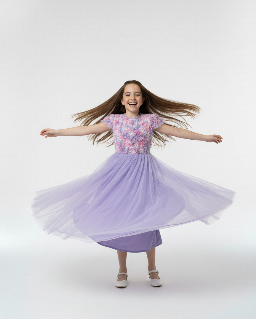 Girls Lavender 3D Floral Tutu Dress,