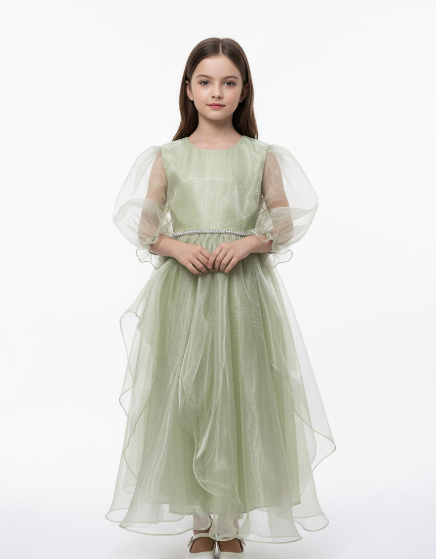 Puff Sleeve Organza Cascade Gown