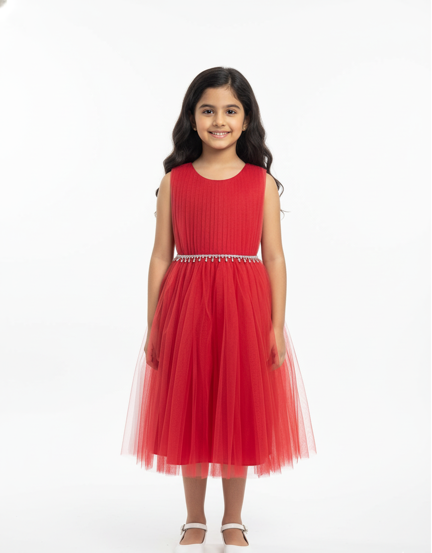 Pleated Bodice Beaded Waist Gown