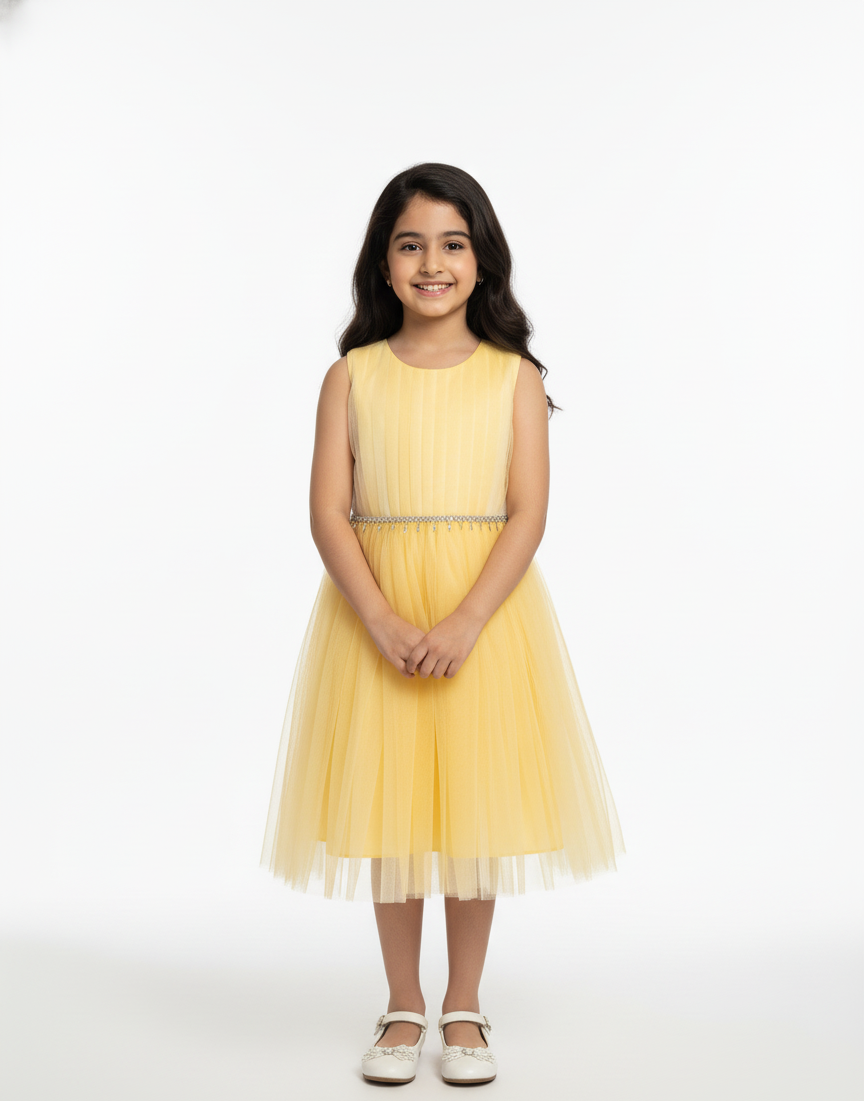 Pleated Bodice Beaded Waist Gown