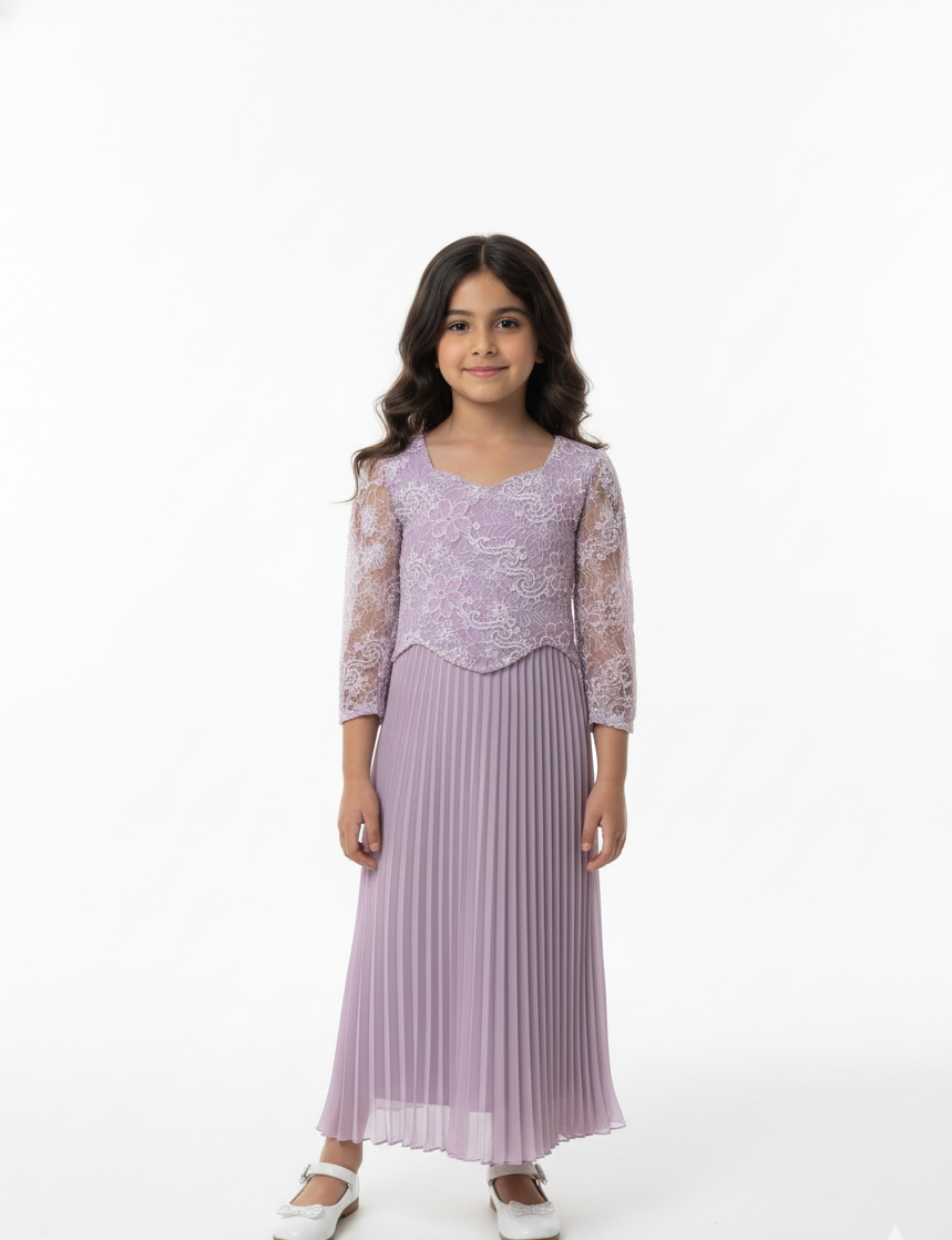 Girls Lace Pleated Maxi Dress,