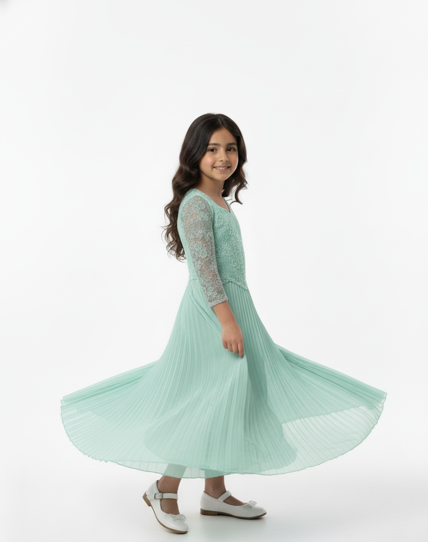 Girls Lace Pleated Maxi Dress,