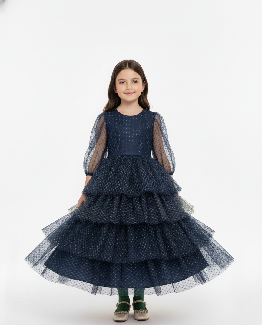 Tiered Mesh Polka Dot Gown