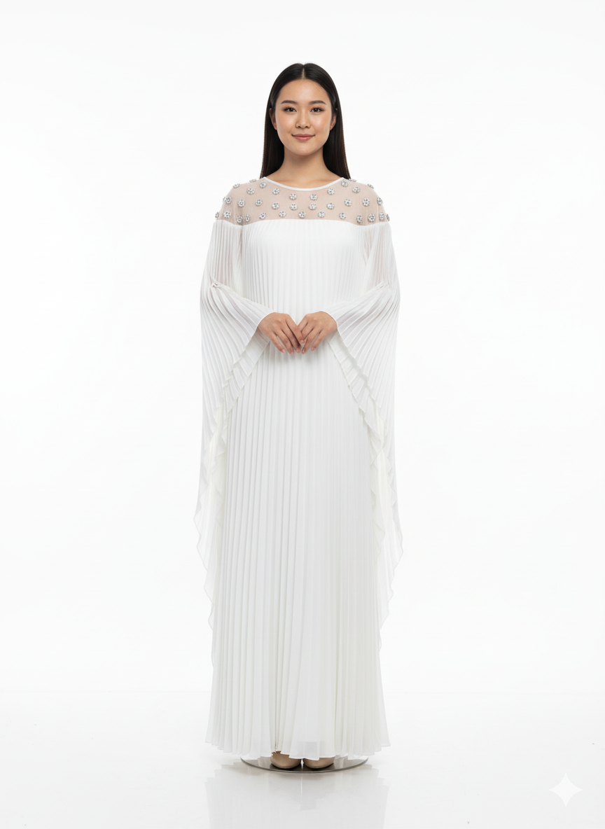 Pleated Embellished Mesh Kaftan Gown