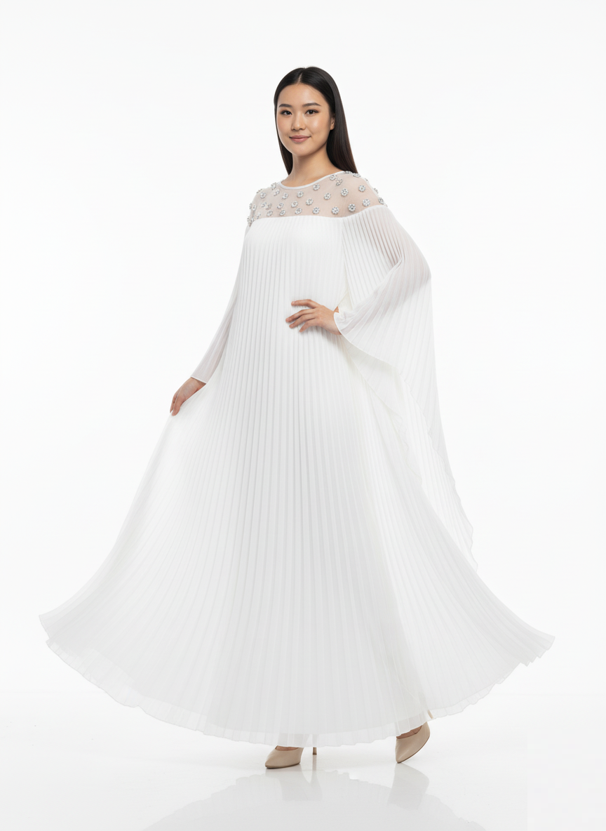 Pleated Embellished Mesh Kaftan Gown