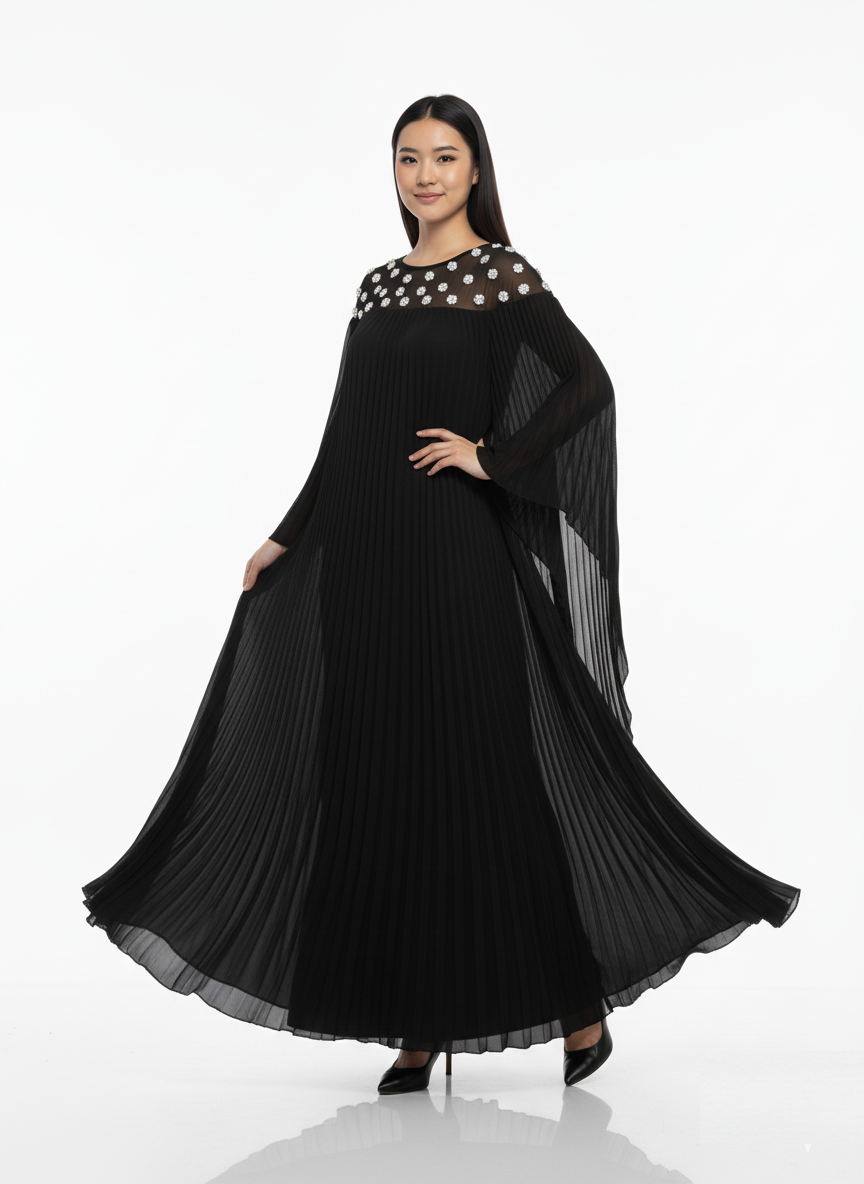 Pleated Embellished Mesh Kaftan Gown