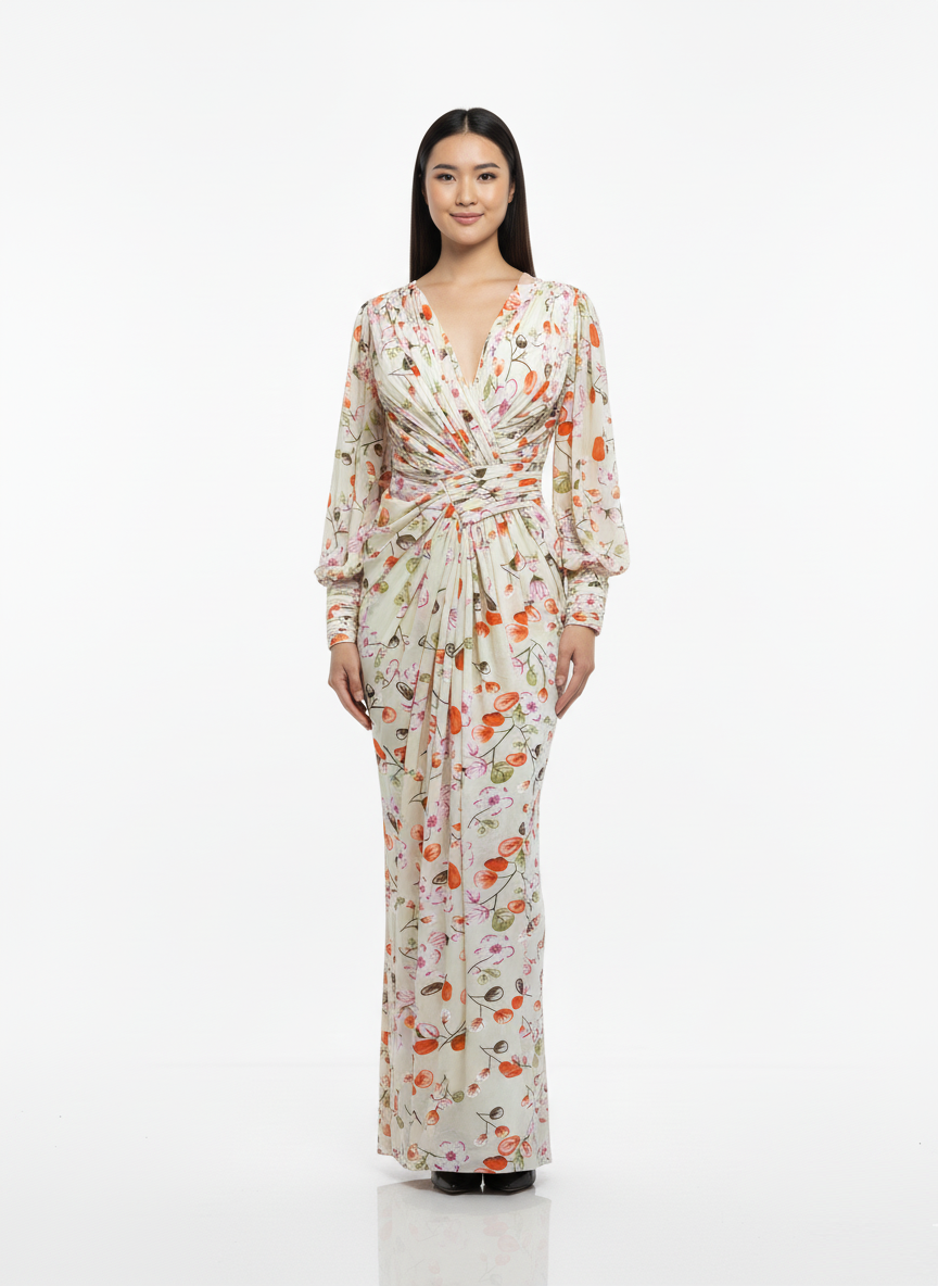 Floral Chiffon Draped Maxi Dress