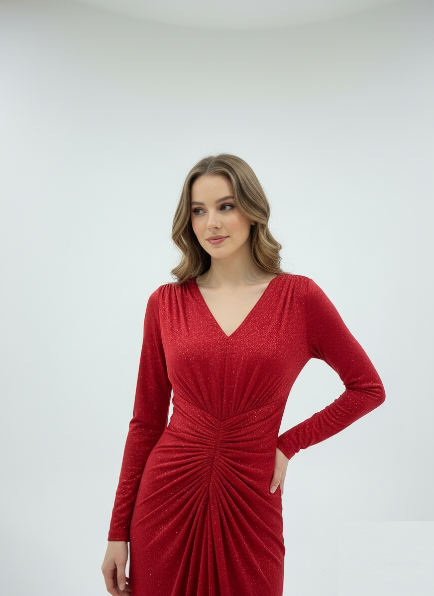 Ruched V-Neck Long Sleeve Gown