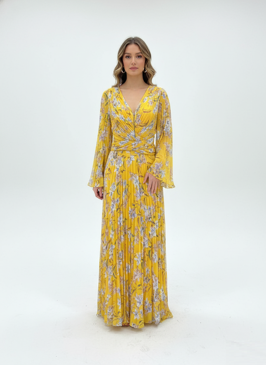 Yellow Floral Pleated Maxi Dress.