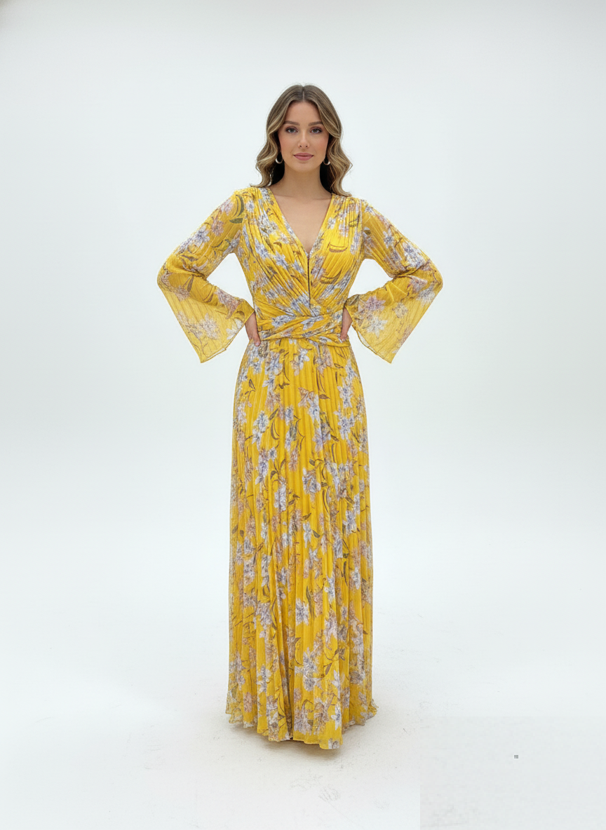Yellow Floral Pleated Maxi Dress.