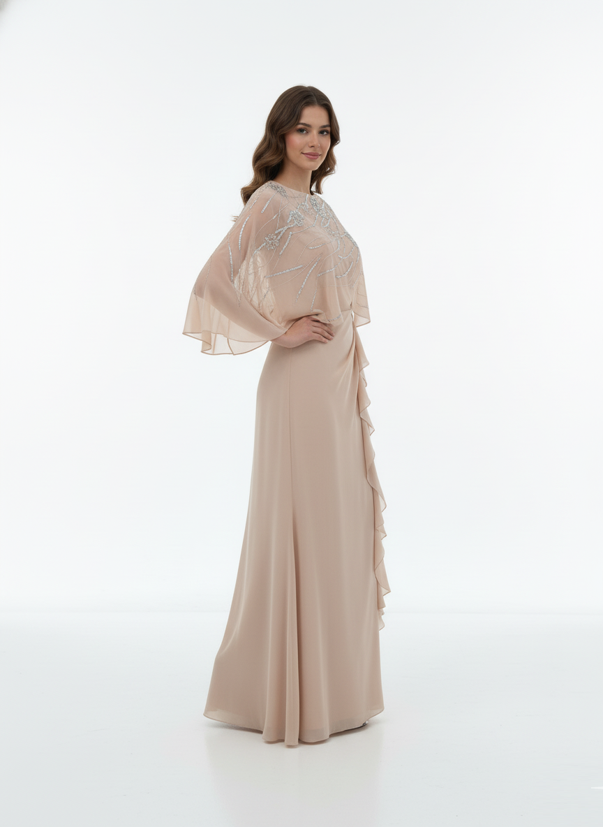 Chiffon Beaded Cape Maxi Dress.