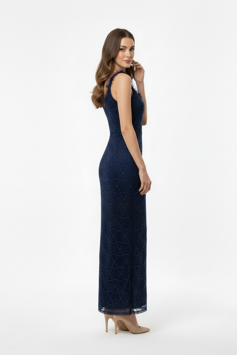 Sheath Lace V-Neck Evening Gown.