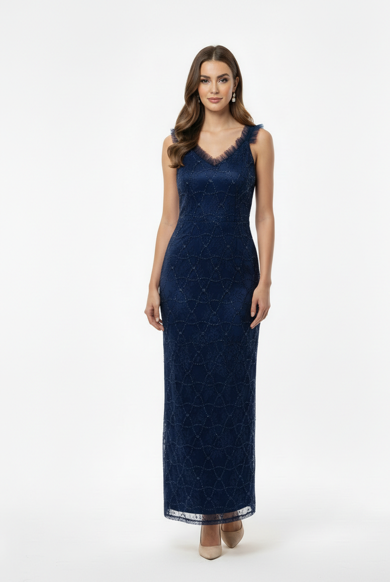 Sheath Lace V-Neck Evening Gown.