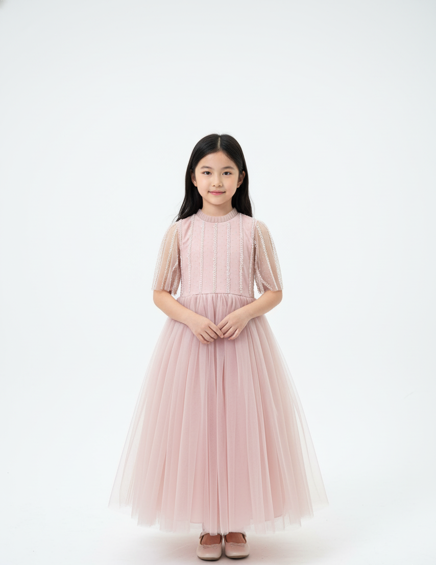 Vertical Beaded Flutter Sleeve Gown