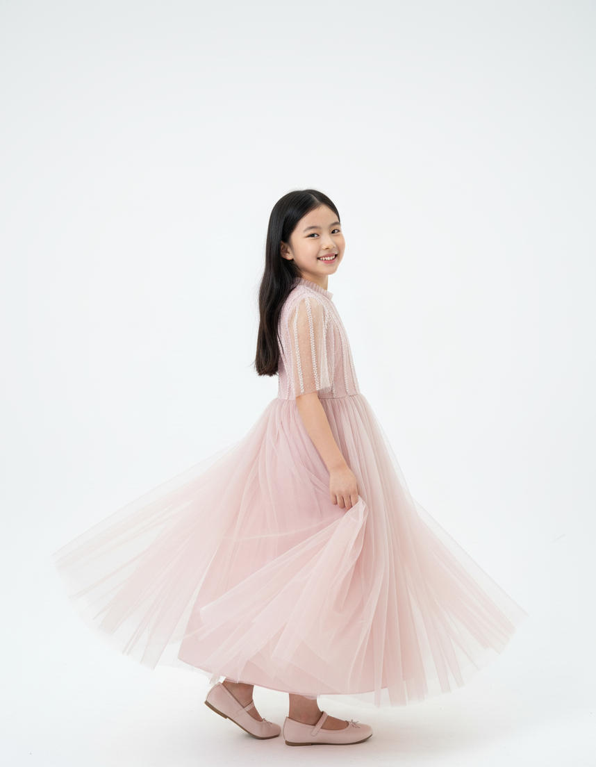 Vertical Beaded Flutter Sleeve Gown