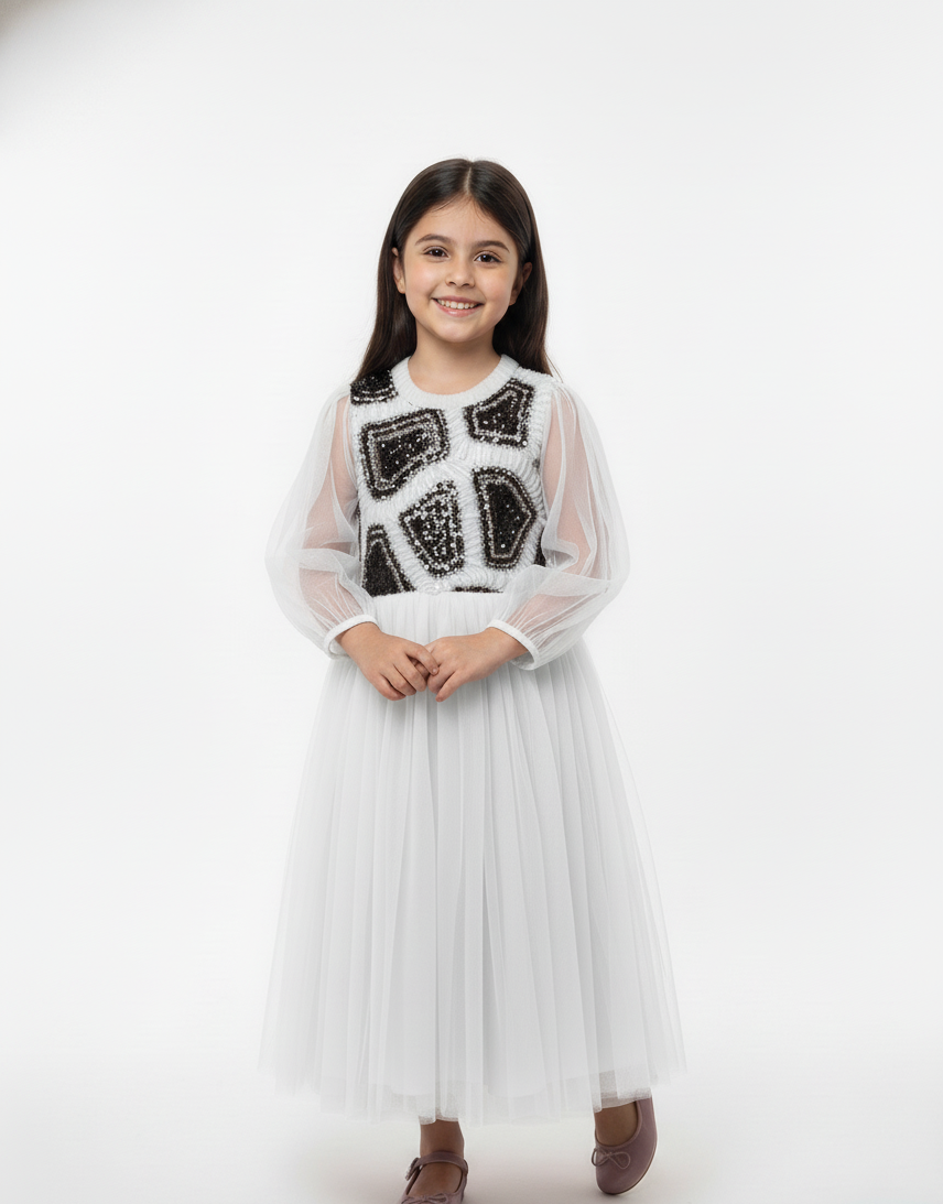 Abstract Sequin Appliqué Tulle Gown