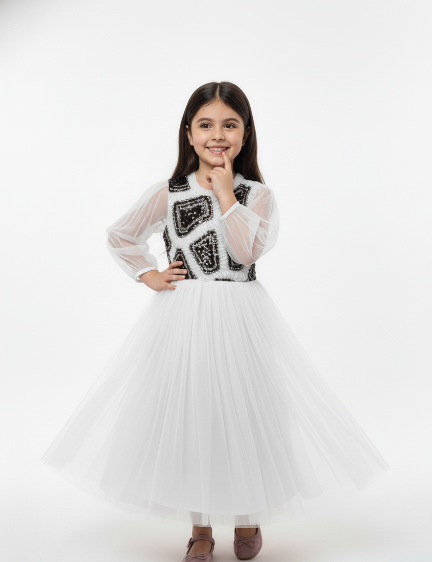 Abstract Sequin Appliqué Tulle Gown