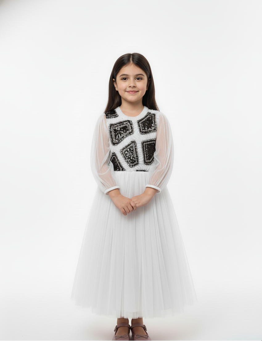 Abstract Sequin Appliqué Tulle Gown
