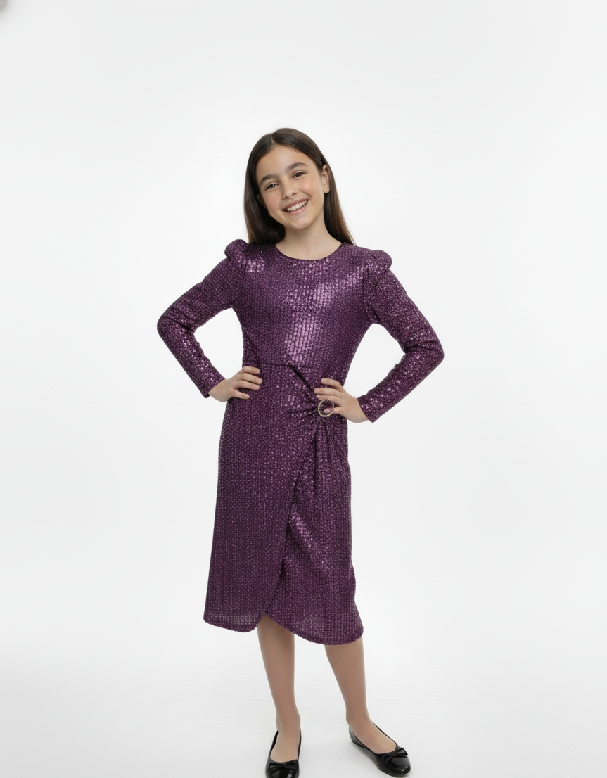 Long-Sleeve Sequin Faux-Wrap Party Dress