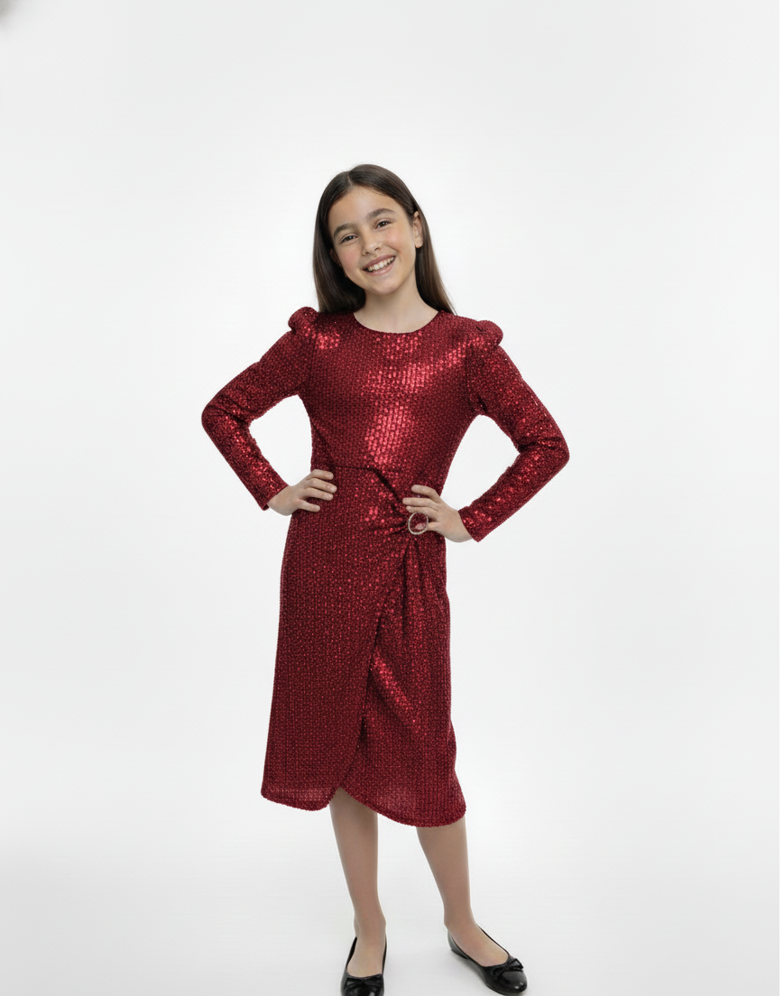 Long-Sleeve Sequin Faux-Wrap Party Dress