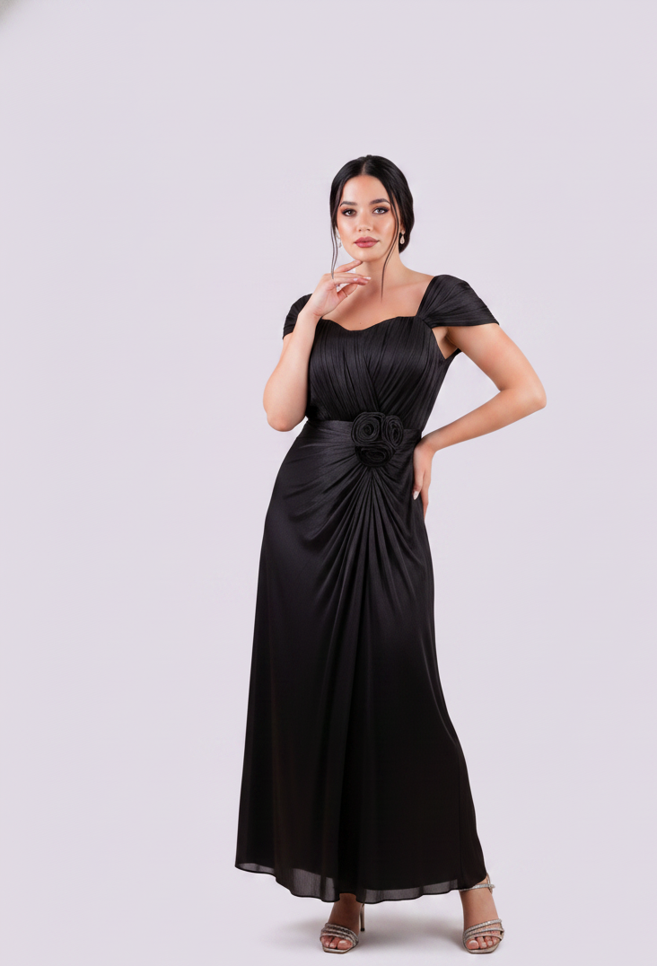 Boat Neck Rose Detail Evening Dress