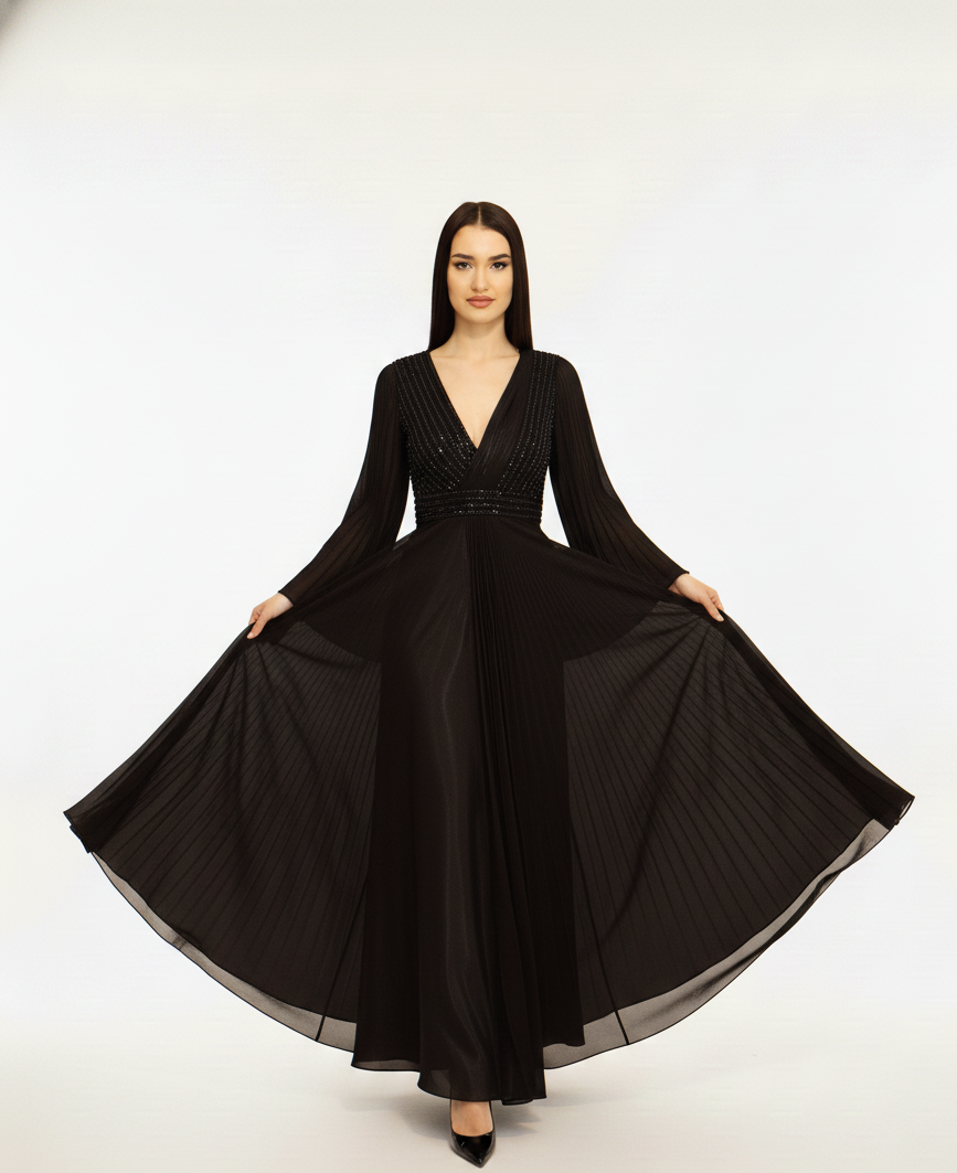 Embellished V-Neck Pleated Maxi Dress