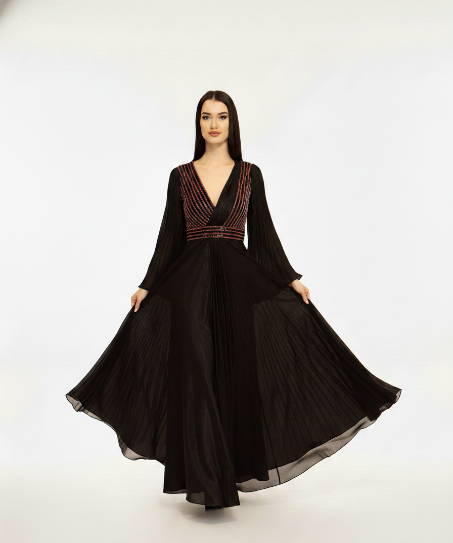 Embellished V-Neck Pleated Maxi Dress