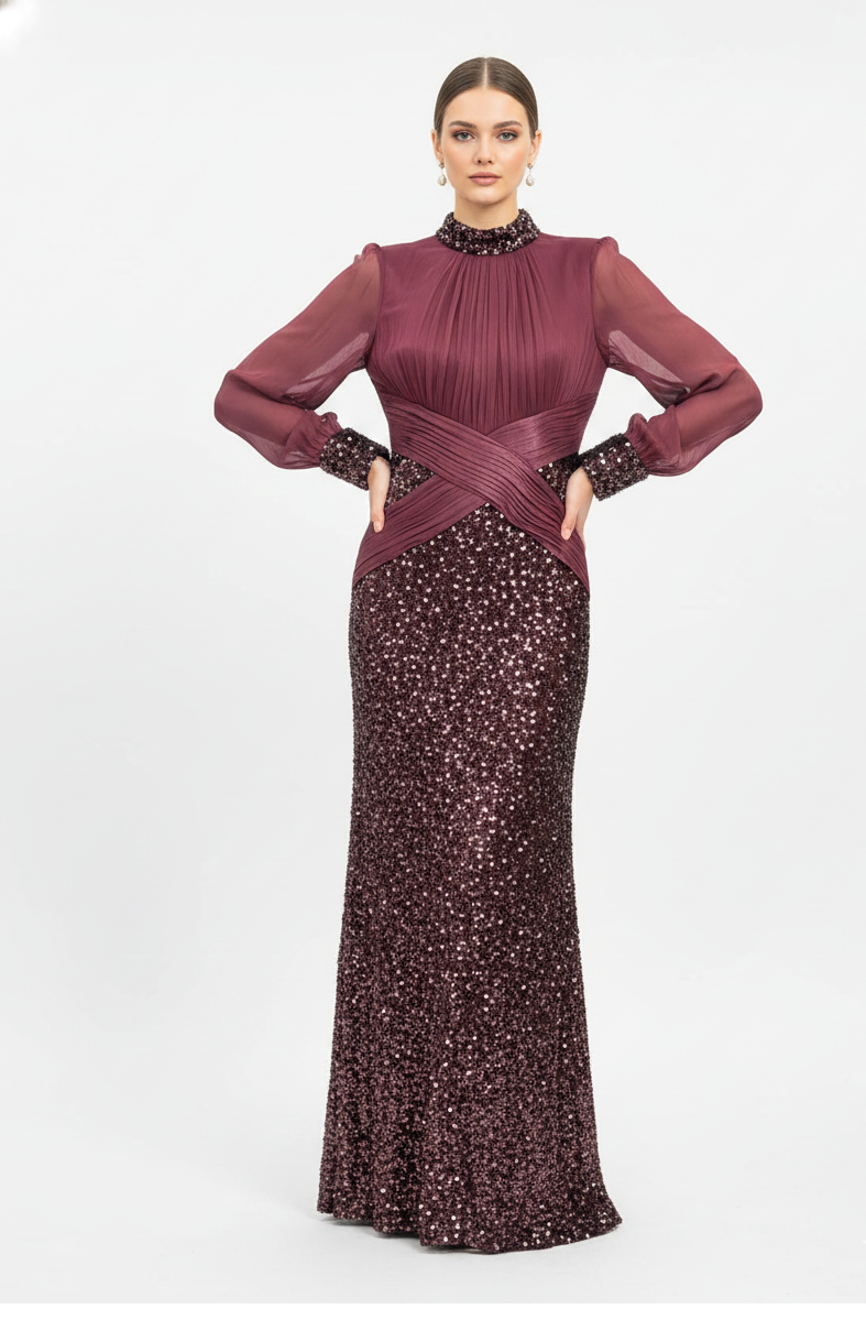 Pleated and Sequence Sequined Evening Gown