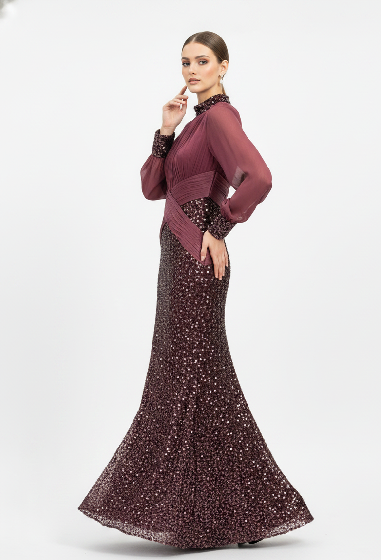 Pleated and Sequence Sequined Evening Gown