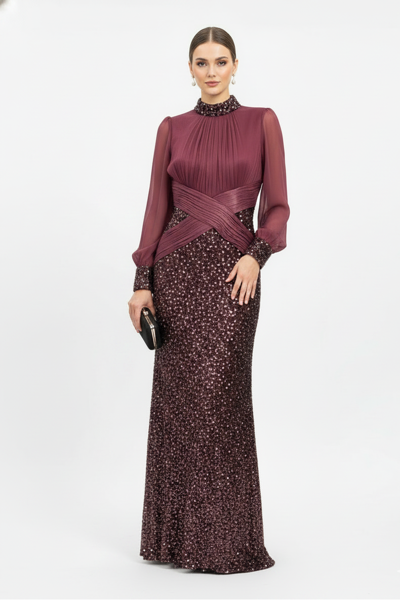 Pleated and Sequence Sequined Evening Gown