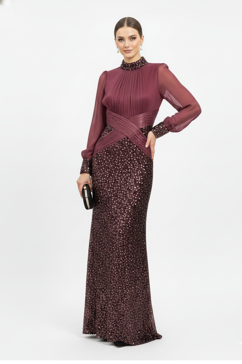 Pleated and Sequence Sequined Evening Gown