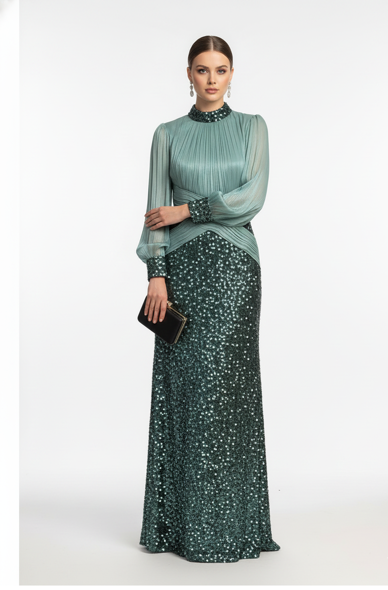 Pleated and Sequence Sequined Evening Gown