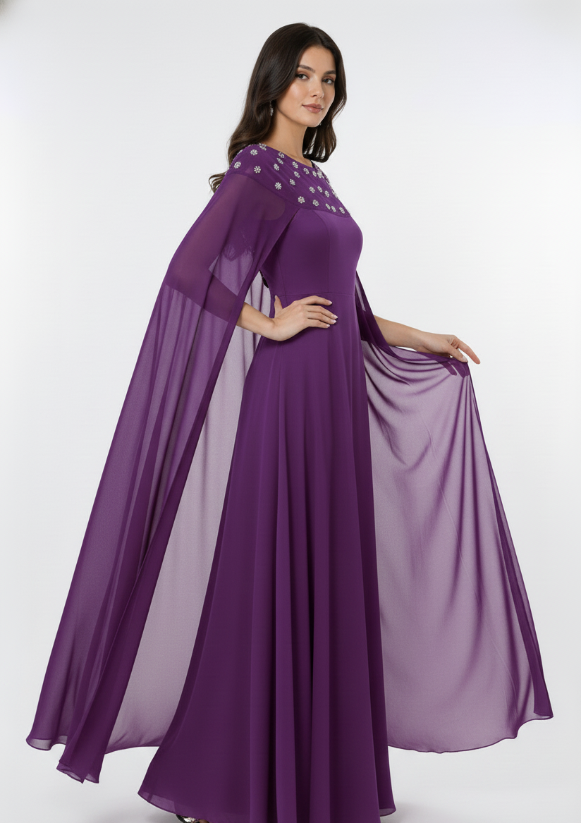 Cape Sleeve Embellished Maxi Gown