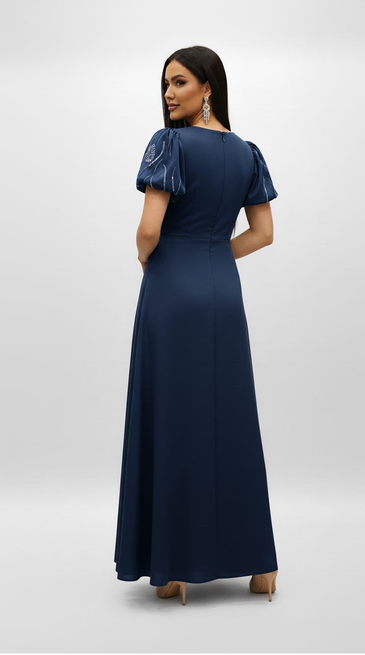 Embroidered Puff Sleeve Evening Gown.