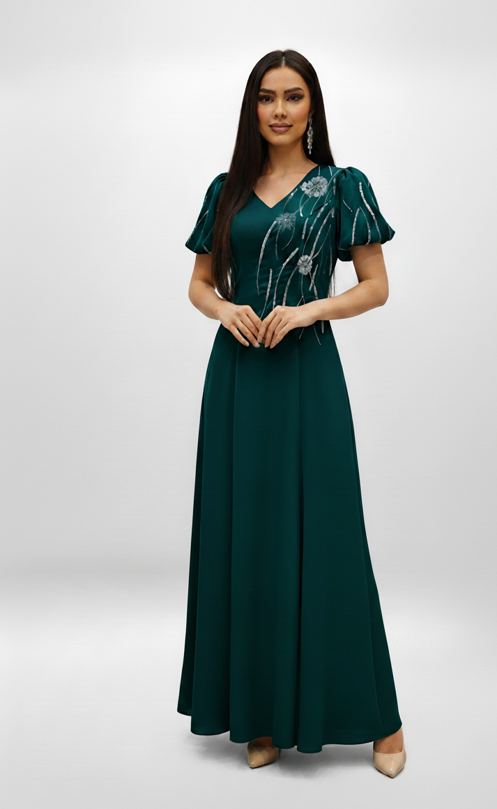 Embroidered Puff Sleeve Evening Gown.