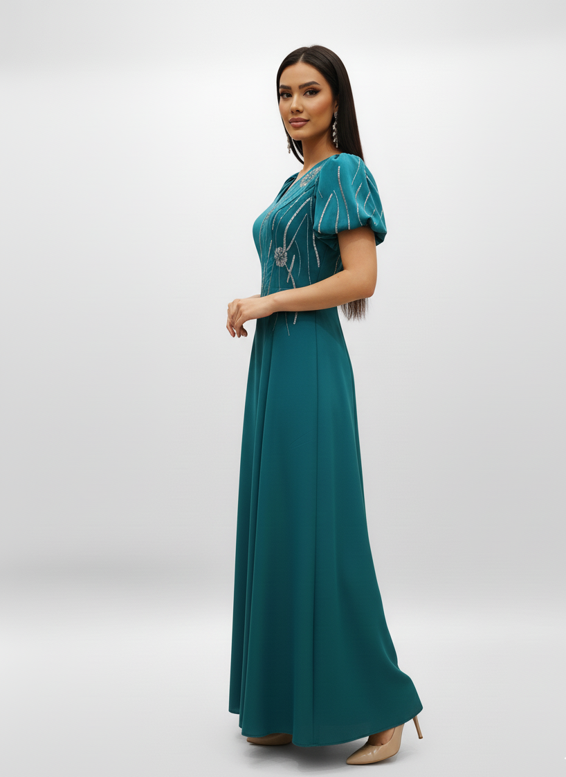 Embroidered Puff Sleeve Evening Gown.