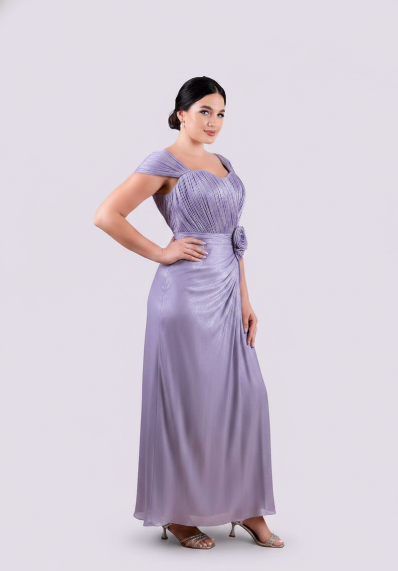 Boat Neck Rose Detail Evening Dress