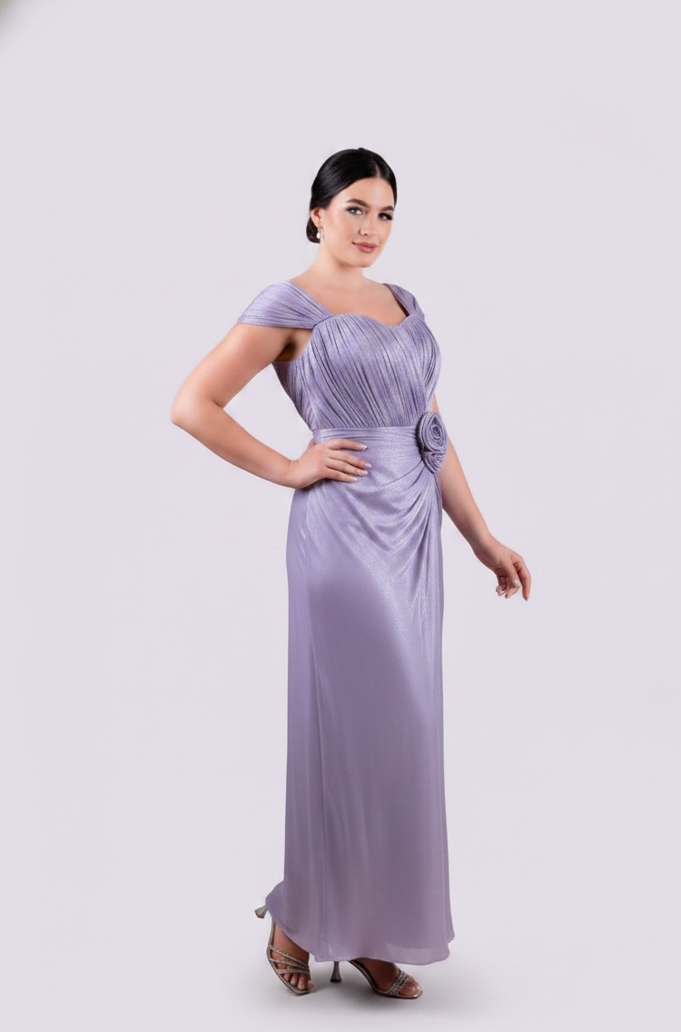 Boat Neck Rose Detail Evening Dress