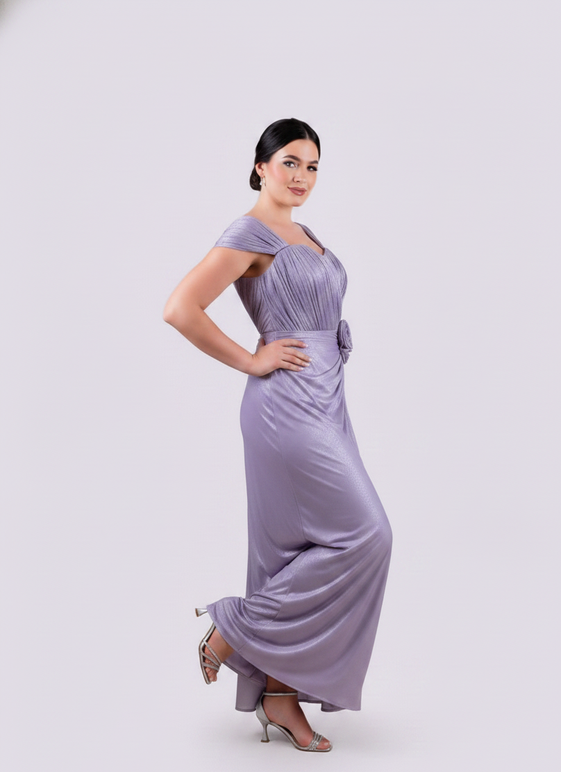 Boat Neck Rose Detail Evening Dress