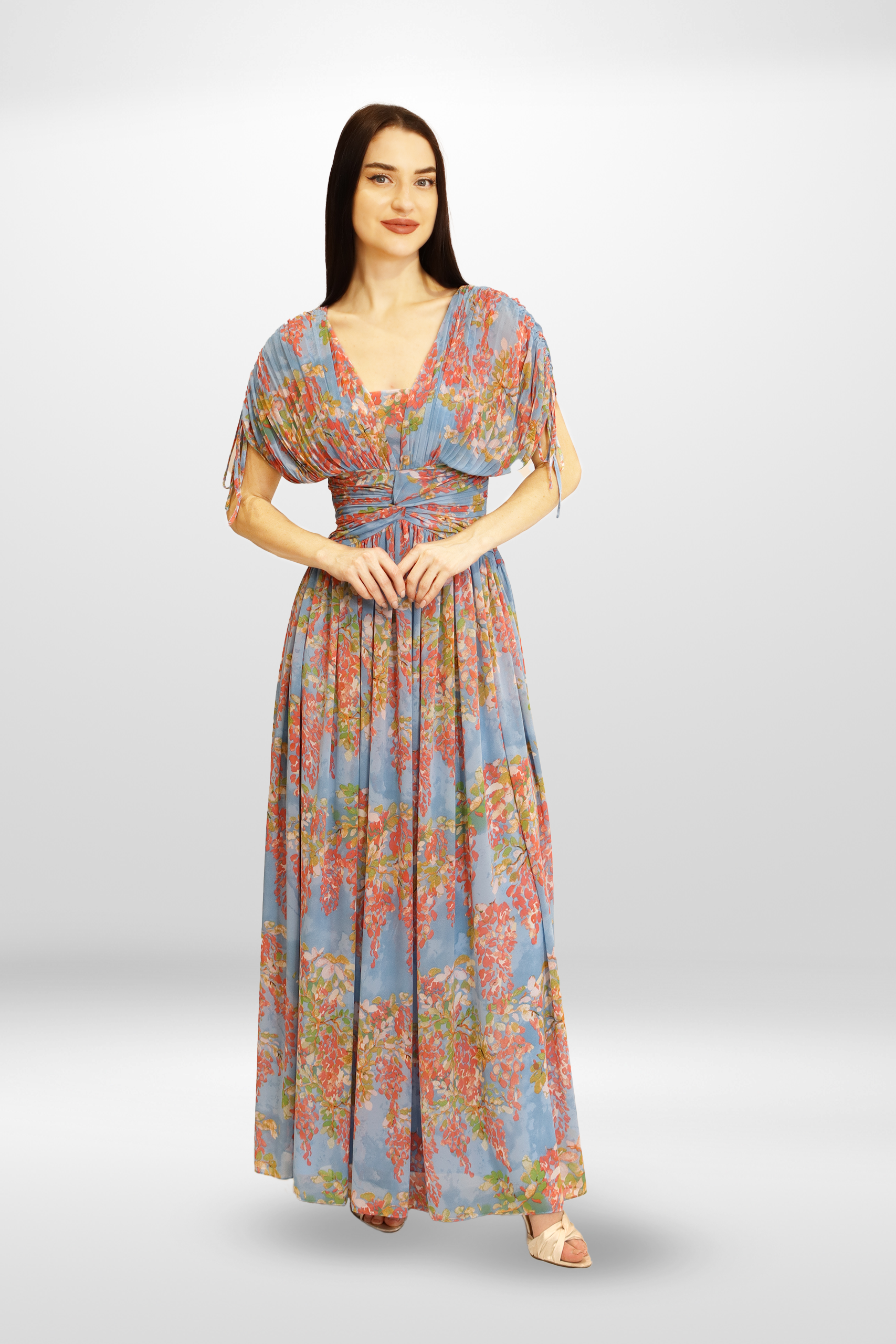 Floral Blue Pleated Chiffon Gown.