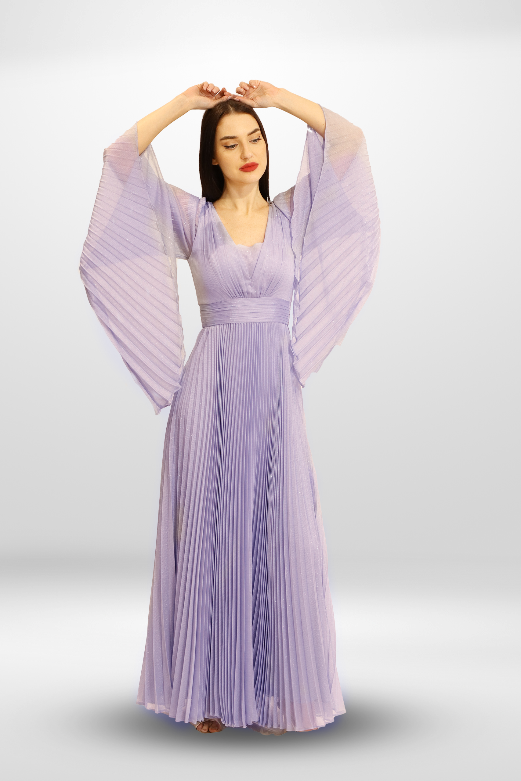 Pleated Chiffon Cape Gown.