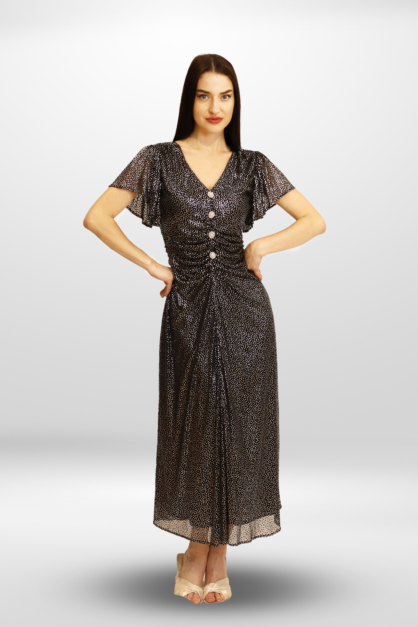 Dot Ruched Midi Dress.