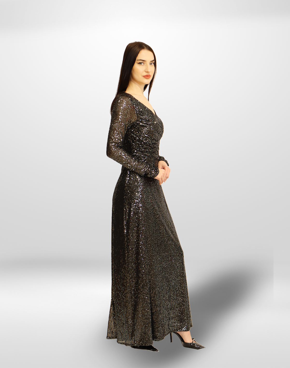 Sequined Long Sleeve Gown.